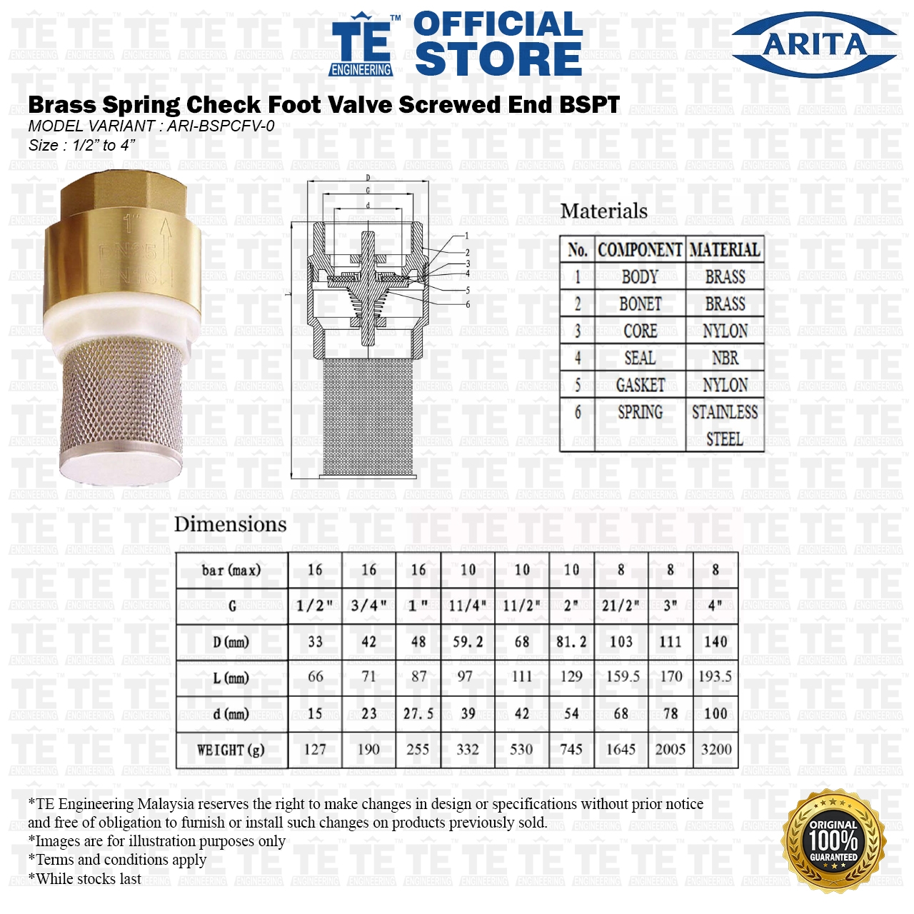 ARITA Brass Spring Check Foot Valve With SS Filter (SE) | TE Engineering