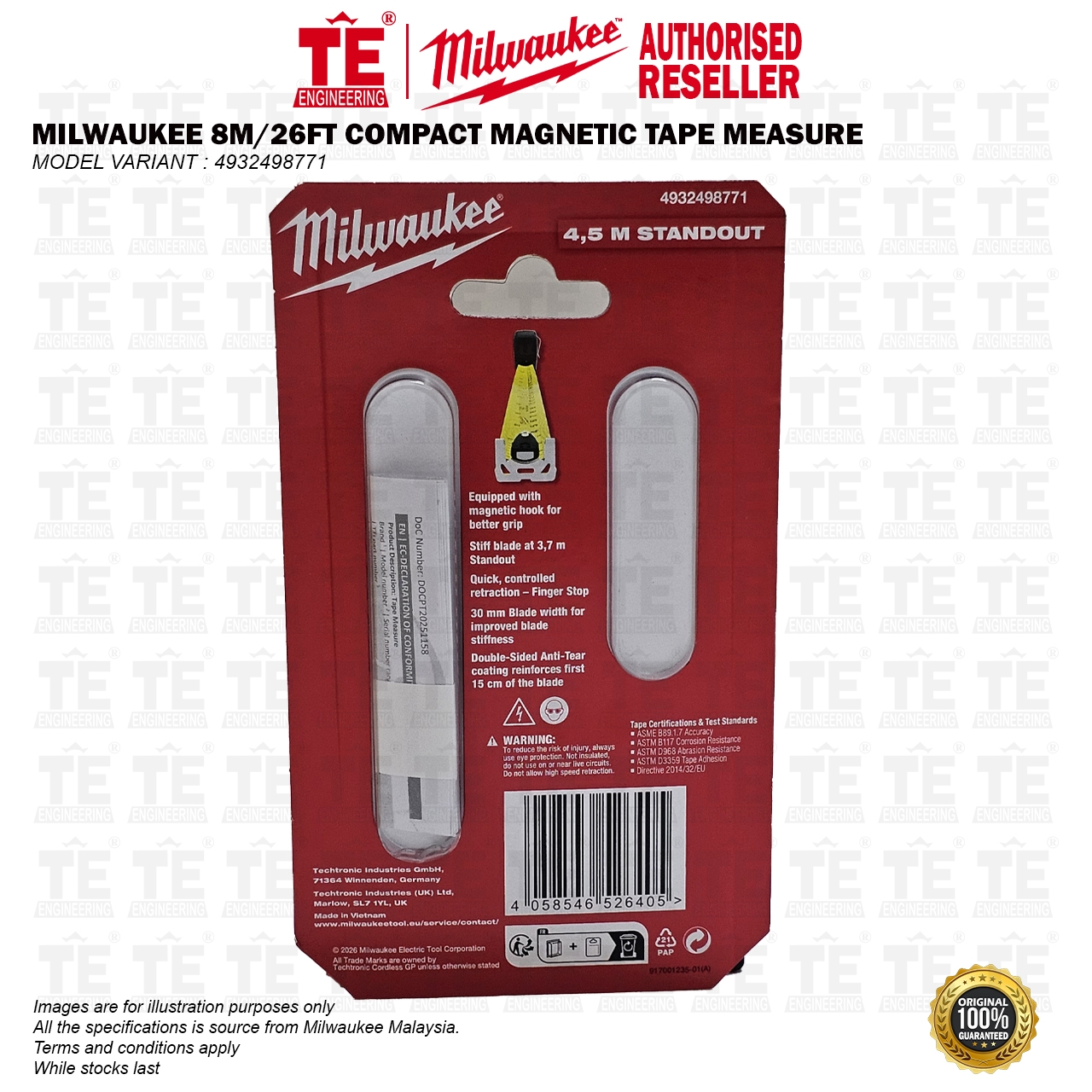 MILWAUKEE 8M / 26FT Compact Magnetic Tape Measure 4932498771